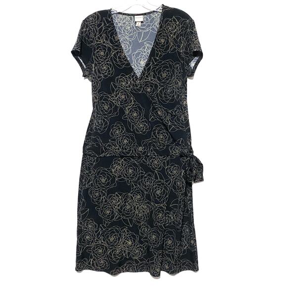 Merona Floral V Neck Midi Dress Brown Black Tie Waist Forest Fairy Career Whimsy - Picture 1 of 8